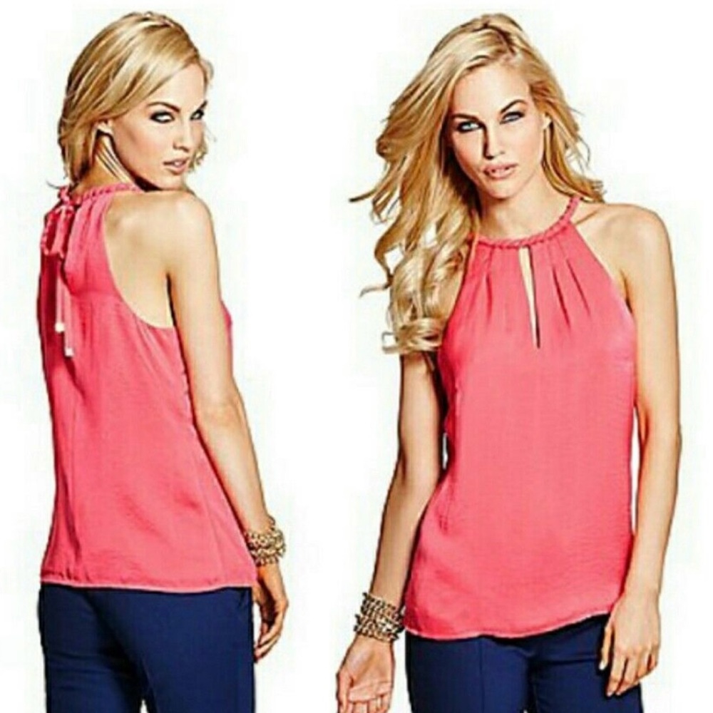 Marciano Hot Pink Satin Neck Tie Keyhole Tank Top with Gold Chain Detail